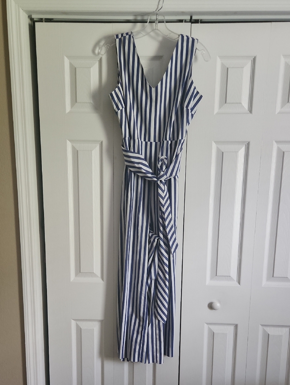 J. Crew Blue and White Striped Romper with Waist Tie